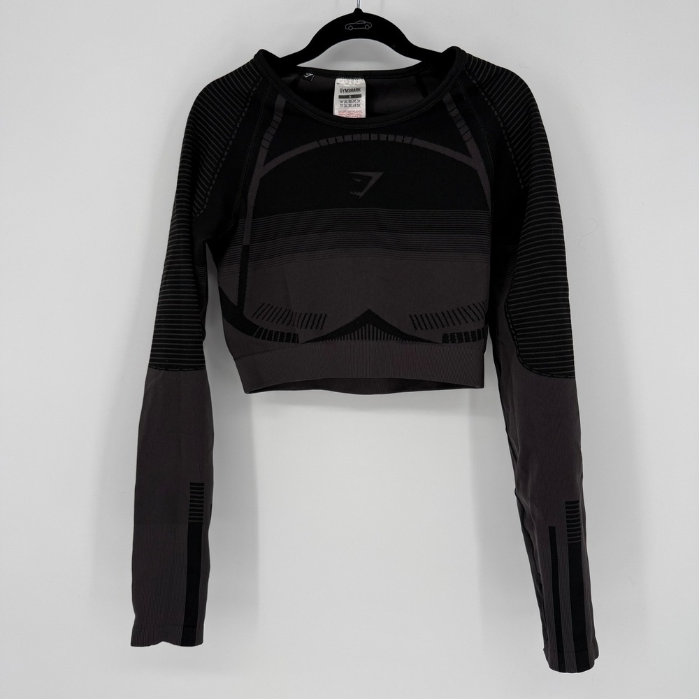 GYMSHARK SEAMLESS‎ LONG SLEEVE CROP TOP OPEN BACK SIZE SMALL BLACK / GREY